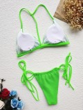Women Green Solid Color Sexy Two-piece Strappy Thongs Bikini Swimsuit