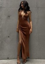 Vestido de noche largo de cadera dividida sexy delgado con cuello halter marrón de verano para mujer