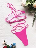 Women Rose Solid Color Sexy Two-piece Strappy Bikini Swimsuit