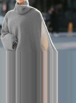 Women Winter Grey Long Sleeve Turtleneck Knit Pullover Loose Irregular Sweater