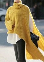 Женский зимний желтый с длинным рукавом с высоким воротом, вязаный пуловер, свободный свитер неправильной формы