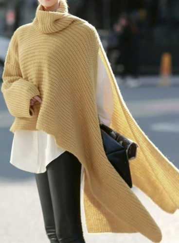 Jersey de punto de cuello alto de manga larga de color caqui de invierno para mujer suéter irregular suelto