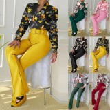 Bayan Bahar Giydirme Takım Elbise Baskılı Dik Yaka Uzun Kollu Bluz ve Geniş Paça Pantolon İki Parça Takım