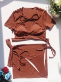 Women Brown Solid Color Sexy Four-piece Bikini Swimsuit