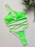 Women Green Solid Color Sexy Two-piece Strappy Bikini Swimsuit