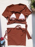 Women Brown Solid Color Sexy Four-piece Bikini Swimsuit