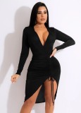 Women Spring Black Pleated Long-sleeved Irregular Velvet Deep V Sexy Slim Club Dress