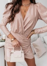 Women Spring Pink Puff-Sleeved V-Neck Loose-and-Fit Mini Club Dress