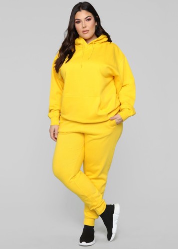 女性春黄色無地フード付き長袖プラスサイズのスウェットスーツ