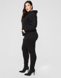 Women Spring Black Solid Color Hooded Long-sleeved Plus Size Sweatsuit