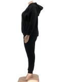 Women Spring Black Solid Color Hooded Long-sleeved Plus Size Sweatsuit