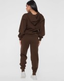 Women Spring Brown Solid Color Hooded Long-sleeved Plus Size Sweatsuit