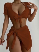 Traje de baño de bikini de cuatro piezas sexy de color marrón sólido para mujer