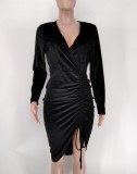 Women Spring Black Pleated Long-sleeved Irregular Velvet Deep V Sexy Slim Club Dress
