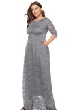 Spring Elegant Plus Size Gray Full Lace Round Neck Half Sleeve Formal Evening Dress