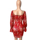 Spring Sexy Red Floral Off Shoulder Long Flare Sleeve Ruched Party Dress