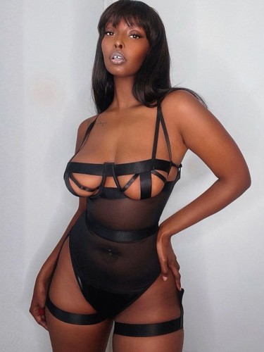 Sexy zwarte mesh uitgeholde bandjes zien door nachtclub exotische bodysuit