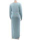 Spring Sexy Plus Size Blue V-neck Long Sleeve Slit Maxi Dress