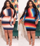 Spring Plus Size White&Blue&Orange Stripes Long Sleeve Backless Ruched Casual Dress with Belt