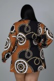 Spring Plus Size Printed Brown Button Up Turndown Collar Long Sleeve Casual Dress