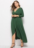 Spring Plus Size Green Wrap V-neck Batwing Long Sleeve Irregular Casual Dress