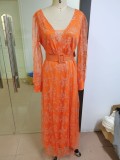 Spring Elegant Plus Size Orange V-neck Long Sleeve High Waist Slit Evening Dress