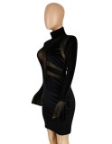 Spring Sexy Black Velvet Midi Neck Long Flare Sleeve See Through Bodycon Dress