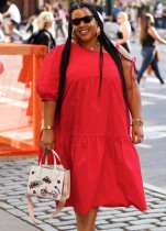 Vestido informal holgado a media pierna de manga corta con cuello oblicuo rojo de talla grande de verano