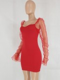 Spring Sexy Red Sweetheart Ruched Mesh Flare Long Sleeve Bodycon Dress