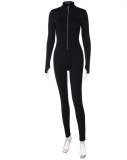 Spring Sporty Black Zipper Up Long Sleeve Zipper Up Slim Jumpsuit Wholesale Yoga Clothing