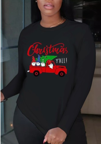 Frühlings-Weihnachtsmuster bedrucktes schwarzes Langarm-Baumwoll-T-Shirt mit O-Ausschnitt