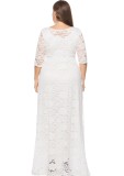 Spring Elegant Plus Size White Full Lace Round Neck Half Sleeve Formal Evening Dress
