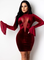 Весеннее сексуальное винно-красное бархатное платье миди с вырезом и длинными рукавами-клеш, прозрачное облегающее платье