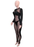 Sprng Sexy Black Check Zip Up Long Sleeve See Through Clubbing Jumpsuit