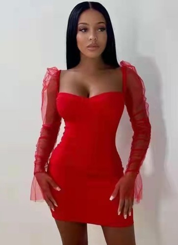 Весеннее сексуальное красное облегающее платье из сетки с рюшами и рюшами и длинными рукавами