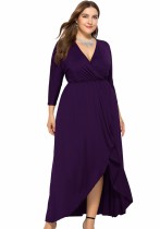 Spring Plus Size Purple Wrap V-neck Batwing Long Sleeve Irregular Casual Dress