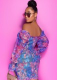 Spring Sexy Purple Floral Off Shoulder Long Flare Sleeve Ruched Party Dress