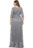 Spring Elegant Plus Size Gray Full Lace Round Neck Half Sleeve Formal Evening Dress