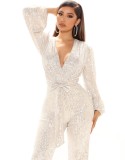 Spring Sexy White Sequins V-neck Puff Sleeve Cocktail Jumpsuit with Belt