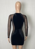 Spring Sexy Black Velvet Patch Mesh Rouned Neck Long Sleeve See Through Bodycon Dress