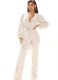 Spring Sexy White Sequins V-neck Puff Sleeve Cocktail Jumpsuit with Belt