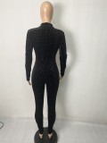 Spring Sexy Beaded Black Velvet See Through long Sleeve Jumpsuit