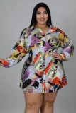 Spring Plus Size Newspaper Printed Button Up Turndown Collar Long Sleeve Casual Dress