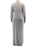 Spring Sexy Plus Size Gray V-neck Long Sleeve Slit Maxi Dress