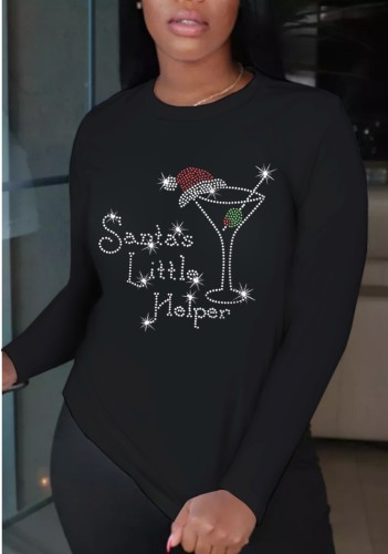 Frühlings-Weihnachtsmuster bedrucktes schwarzes Langarm-Baumwoll-T-Shirt mit O-Ausschnitt