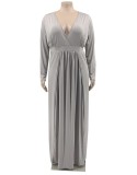 Spring Sexy Plus Size Gray V-neck Long Sleeve Slit Maxi Dress
