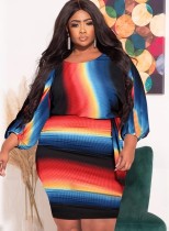 Spring Plus Size Red&Blue&Black Stripes Long Sleeve Backless Ruched Casual Dress with Belt