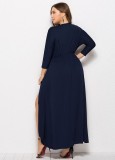 Spring Plus Size Dark Blue Wrap V-neck Batwing Long Sleeve Irregular Casual Dress