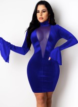 Frühling Sexy Blauer Samt Midi-Ausschnitt Lange Flare Ärmel Durchsichtiges, figurbetontes Kleid