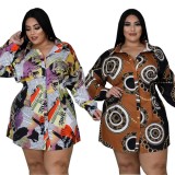 Spring Plus Size Newspaper Printed Button Up Turndown Collar Long Sleeve Casual Dress